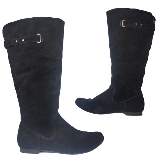 Black Suede Riding Boots Womens 6 Knee High Low Heel Leather Zipper Side - Picture 1 of 12